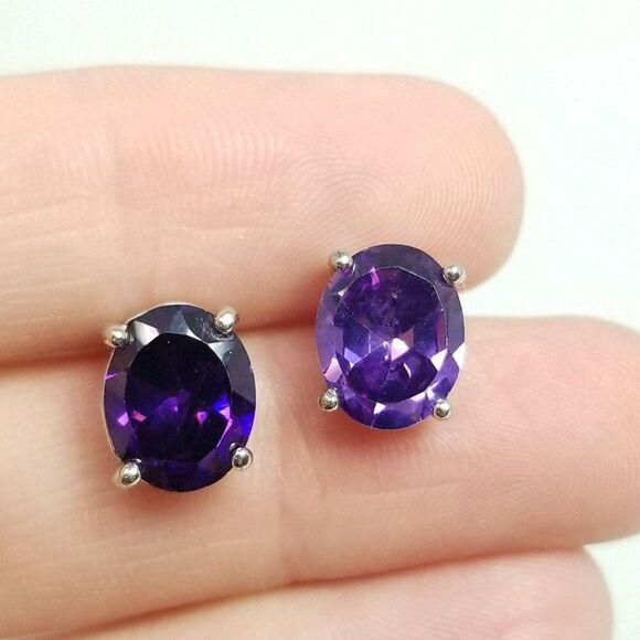 Vintage Oval Purple Rhinestone Stud Earrings, Silver Tone Setting, Estate - Picture 6 of 7